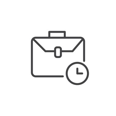 Evrak çantası ile saat satırı simgesi, Anahat vektör işareti, üzerinde beyaz izole doğrusal stil piktogram. Zaman yönetimi sembolü, logo illüstrasyon. Düzenlenebilir kontur