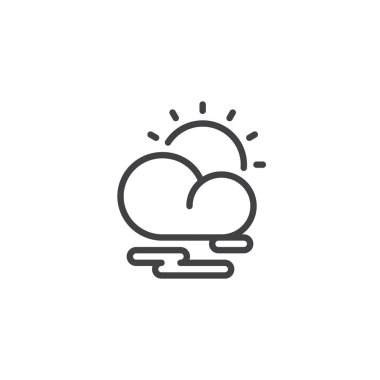 Kısmen bulutlu hava satırı simgesi, Anahat vektör işareti üzerinde beyaz izole doğrusal stil piktogram. Bulut güneş ve sis sembolü, logo illüstrasyon. Düzenlenebilir kontur