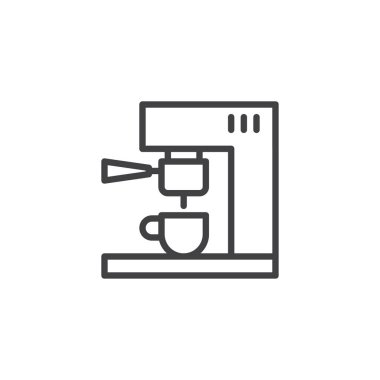 Kahve makinesi satırı simgesi, Anahat vektör işareti üzerinde beyaz izole doğrusal stil piktogram. Sembol, logo illüstrasyon. Düzenlenebilir kontur