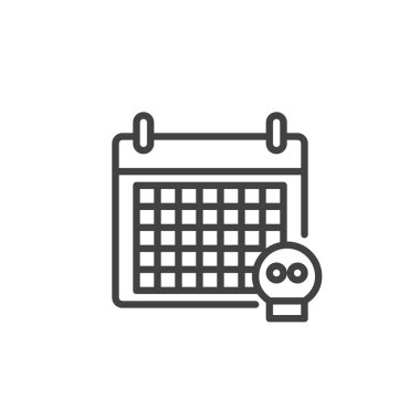 Takvim ve satır kutsal kişilerin resmi, vektör işareti, anahat kafatası üzerinde beyaz izole doğrusal stil piktogram. Son Tarih sembolü, logo illüstrasyon. Düzenlenebilir kontur