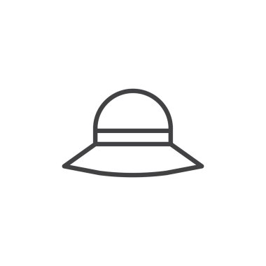 Kadın şapka satırı simgesi, Anahat vektör işareti üzerinde beyaz izole doğrusal stil piktogram. Sembol, logo illüstrasyon. Düzenlenebilir kontur