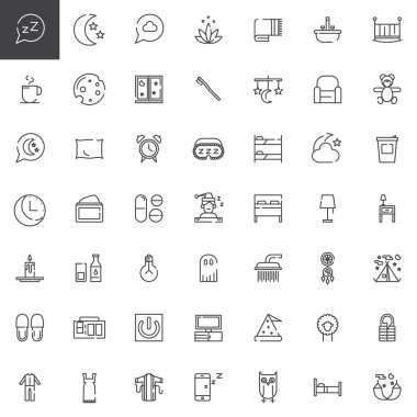 Uyku zamanı satırı Icons set, Anahat vektör simgesi toplama, doğrusal tarz piktogram paketi. İşaretler, logo illüstrasyon. Yatak, rüya, gece, ay, yıldız, yastık, pijama terlik olarak simgeler içerir