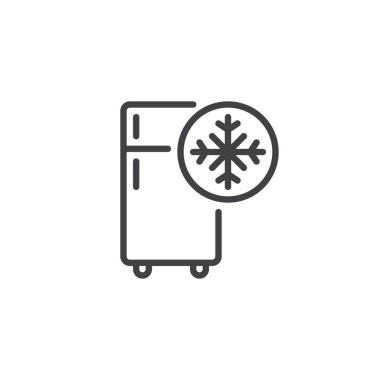 Dondurucu soğuk satırı simgesi, Anahat vektör işareti üzerinde beyaz izole doğrusal stil piktogram. Buzdolabı ve kar tanesi sembolü, logo illüstrasyon. Düzenlenebilir kontur