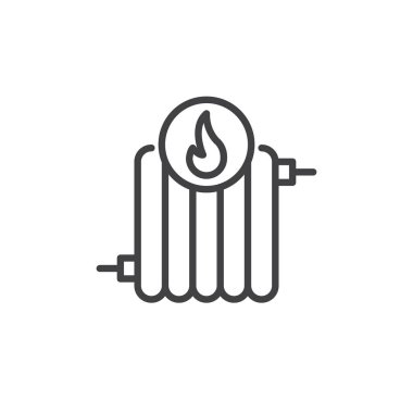 Radyatör yangın satırı simgesi, Anahat vektör işareti üzerinde beyaz izole doğrusal stil piktogram. Sembol, logo illüstrasyon. Düzenlenebilir kontur