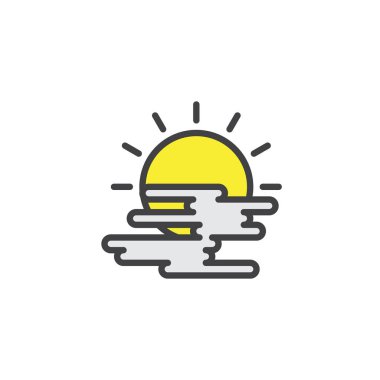 Güneş ve bulut doldurulmuş anahat simgesini, çizgi vektör işareti, üzerinde beyaz izole doğrusal renkli sembol. Sis hava sembolü, logo illüstrasyon. Piksel mükemmel vektör grafikleri