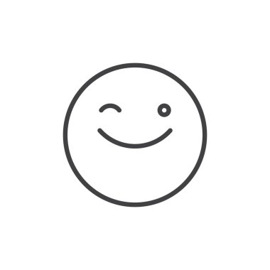 Yüz ifade satır simgesi göz kırpıyor, Anahat vektör işareti, üzerinde beyaz izole doğrusal stil piktogram. Emoji gülen sembolü, logo illüstrasyon. Düzenlenebilir kontur