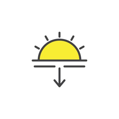 Günbatımı doldurulmuş anahat simgesini, çizgi vektör işareti, üzerinde beyaz izole doğrusal renkli sembol. Güneş ve sembol, logo illüstrasyon aşağı ok. Piksel mükemmel vektör grafikleri