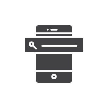 Smartphone ile tarayıcı arama çubuğu simge vektör, düz işareti, üzerinde beyaz izole katı piktogram dolu. Sembol, logo illüstrasyon.