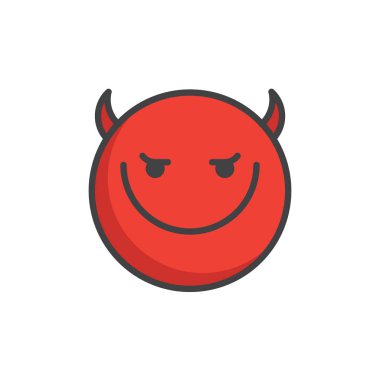 Boynuzları olan kırmızı yüz ifade gülümseyen dolu anahat simgesini, çizgi vektör işareti, üzerinde beyaz izole doğrusal renkli sembol. Emoji gülen sembolü, logo illüstrasyon. Piksel mükemmel vektör grafikleri