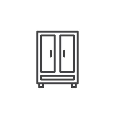 Dolap satırı simgesi giyim, Anahat vektör işareti, üzerinde beyaz izole doğrusal stil piktogram. Sembol, logo illüstrasyon. Düzenlenebilir kontur