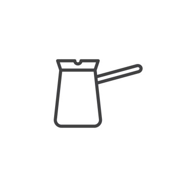 Cezve satırı simgesi, Anahat vektör işareti, üzerinde beyaz izole doğrusal stil piktogram. Türk kahvesi pot sembolü, logo illüstrasyon. Düzenlenebilir kontur