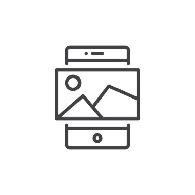 Smartphone ile resim satırı simgesi, Anahat vektör işareti, üzerinde beyaz izole doğrusal stil piktogram. Cep telefonu ile fotoğraf sembolü, logo illüstrasyon. Düzenlenebilir kontur