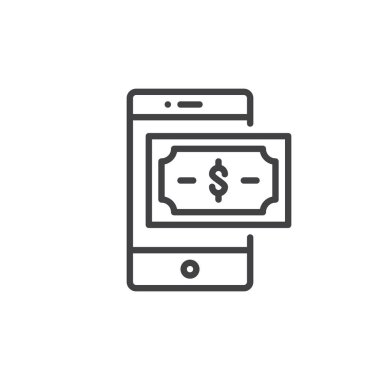 Smartphone aygıt Doları para çizgi simgesiyle Anahat vektör işareti, üzerinde beyaz izole doğrusal stil piktogram. Mobil ödeme sembolü, logo illüstrasyon. Düzenlenebilir kontur