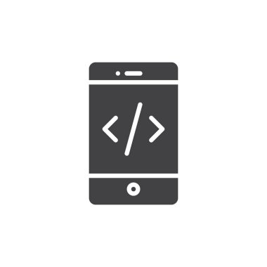 Smartphone ekran simge vektör, kodu içeren düz işareti, üzerinde beyaz izole katı piktogram dolu. Cep telefonu sembolü, logo illüstrasyon kodlama.