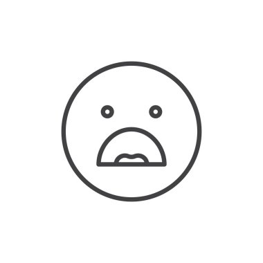 Papatyanın yüz ifade açık ağız çizgi simgesiyle Anahat vektör işareti, üzerinde beyaz izole doğrusal stil piktogram. Emoji gülen sembolü, logo illüstrasyon. Düzenlenebilir kontur