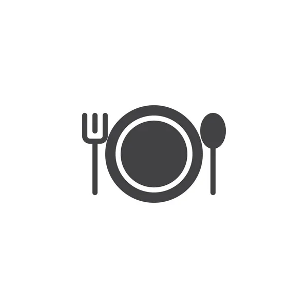 板与叉子和勺子图标向量 填充扁平的标志 固体象形文字隔离在白色 晚餐时间标志 标志例证 — 图库矢量图片