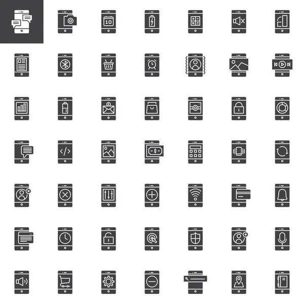 携帯電話とスマート フォン機能ベクトル アイコンを設定 現代固体シンボル コレクション いっぱい絵文字パック ロゴの図 セットには メッセージ カメラ — ストックベクタ