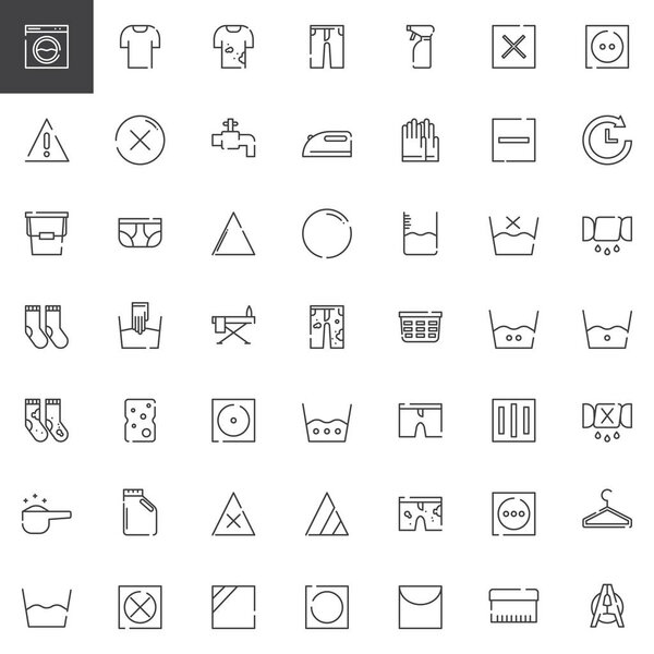 Laundry and dry cleaning line icons set, outline vector symbol collection, linear style pictogram pack. Signs, logo illustration. Set includes icons as washing machine, laundry bucket, iron, hanger