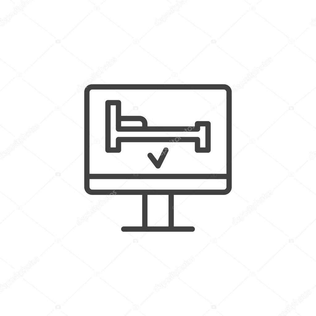 Hotel room online booking, line icon, outline vector sign, linear style pictogram isolated on white. Computer screen with bed symbol, logo illustration. Editable stroke