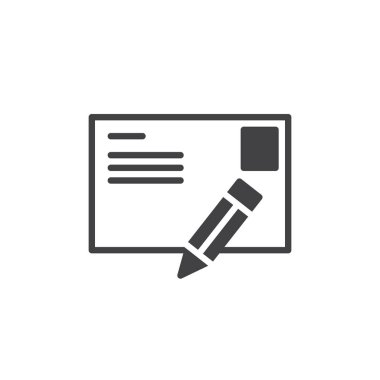 Kartpostal mektup ve kalem simge vektör, düz işareti, üzerinde beyaz izole katı piktogram dolu. İleti simgesi, logo illüstrasyon yazma.