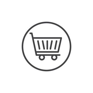 Alışveriş sepeti satırı simgesi, Anahat vektör işareti, üzerinde beyaz izole doğrusal stil piktogram. Arabası sepet simgesi, logo illüstrasyon. Düzenlenebilir kontur