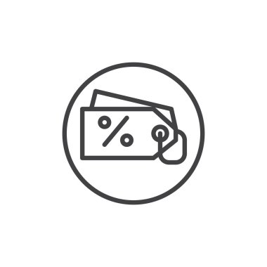 Fiyat etiketi etiket ile yüzde satırı simgesi, Anahat vektör işareti, üzerinde beyaz izole doğrusal stil piktogram. Sembol, logo illüstrasyon indirimli. Düzenlenebilir kontur