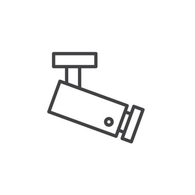 CCTV güvenlik kamera satırı simgesi, Anahat vektör işareti üzerinde beyaz izole doğrusal stil piktogram. Video gözetimi simgesi, logo illüstrasyon. Düzenlenebilir kontur