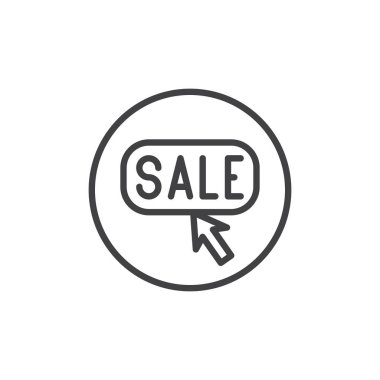 Satılık düğmesi ve satır kutsal kişilerin resmi, vektör işareti, anahat imleç üzerinde beyaz izole doğrusal stil piktogram. İndirim sembolü, logo çizim'i tıklatın. Düzenlenebilir kontur