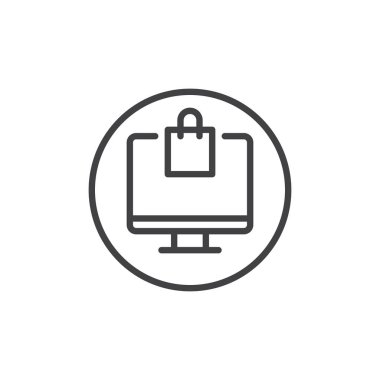 Bilgisayar ekranı ile alışveriş çantası satırı simgesi, Anahat vektör işareti, üzerinde beyaz izole doğrusal stil piktogram. Online alışveriş sembolü, logo illüstrasyon. Düzenlenebilir kontur