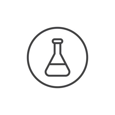 Kimyasal şişesi satırı simgesi, Anahat vektör işareti üzerinde beyaz izole doğrusal stil piktogram. Laboratuvar test tüpü sembolü, logo illüstrasyon. Düzenlenebilir kontur