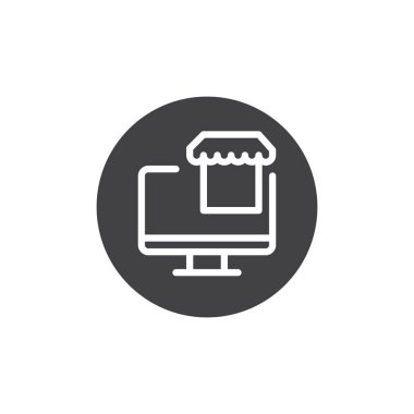 Pazar simge vektör, bilgisayar ekran düz işareti, üzerinde beyaz izole katı piktogram dolu. E-ticaret sembolü, logo illüstrasyon.