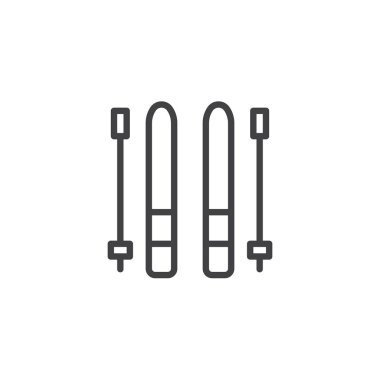 Kayak ve sopa satırı simgesi, Anahat vektör işareti üzerinde beyaz izole doğrusal stil piktogram. Kayak sembol, logo illüstrasyon. Düzenlenebilir kontur