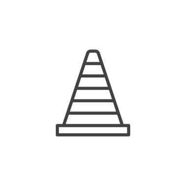 Trafik koni satırı simgesi, vektör işareti, anahat üzerinde beyaz izole doğrusal stil piktogram. Yol koni simgesi, logo illüstrasyon. Düzenlenebilir kontur