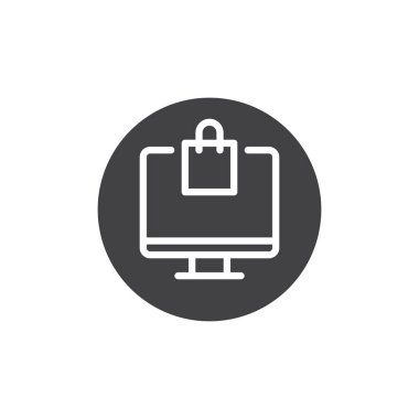 Alışveriş çantası simge vektör, bilgisayar ekran düz işareti, üzerinde beyaz izole katı piktogram dolu. Online alışveriş sembolü, logo illüstrasyon.