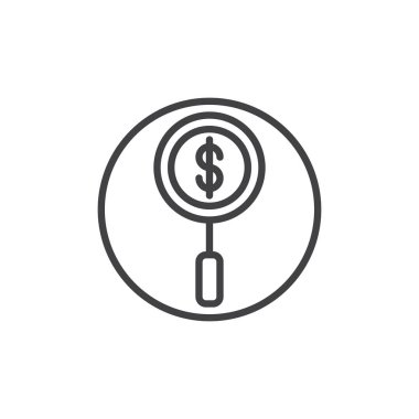 Arama büyüteç ve doları satırı simgesi, vektör işareti, üzerinde beyaz izole doğrusal stil piktogram anahat. Para sembol, logo resimde bulmak. Düzenlenebilir kontur