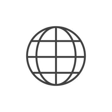 Dünyalı kılavuz satırı simgesi, vektör işareti, anahat üzerinde beyaz izole doğrusal stil piktogram. Tarayıcı küre sembolü, logo illüstrasyon. Düzenlenebilir kontur