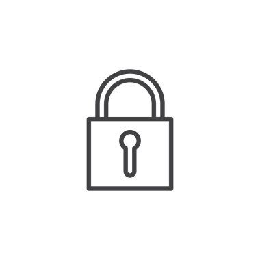 Asma kilit satırı simgesi, vektör işareti, anahat üzerinde beyaz izole doğrusal stil piktogram. Kilit simgesi, logo illüstrasyon. Düzenlenebilir kontur