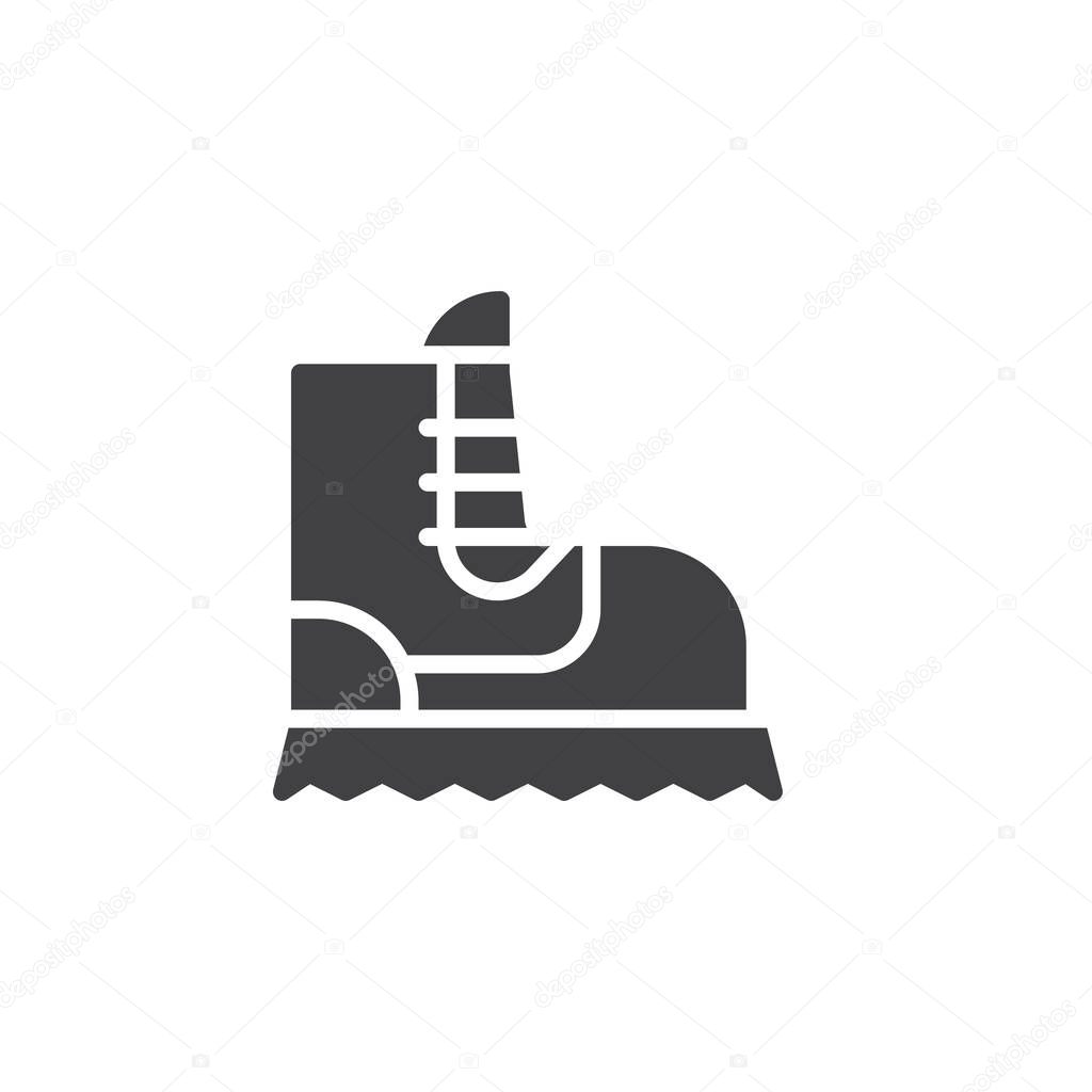 Camping boot icon vector, filled flat sign, solid pictogram isolated on white. Hiking boot with crampons symbol, logo illustration