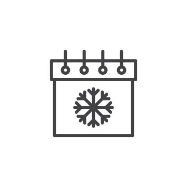 Takvim kar tanesi satırı simgesi ile vektör işareti, anahat üzerinde beyaz izole doğrusal stil piktogram. Kış sezonu sembolü, logo illüstrasyon. Düzenlenebilir kontur