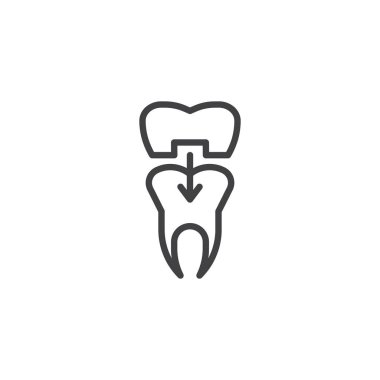 Diş diş taç satırı simgesi, Anahat vektör işareti üzerinde beyaz izole doğrusal stil piktogram. Diş hekimi, Ortodonti sembolü, logo illüstrasyon. Düzenlenebilir kontur