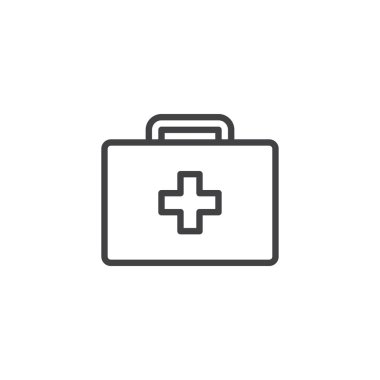 İlk yardım kiti satırı simgesi, Anahat vektör işareti üzerinde beyaz izole doğrusal stil piktogram. Tıbbi kutu simgesi, logo illüstrasyon. Düzenlenebilir kontur