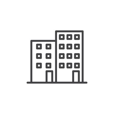 Ofis Binası satırı simgesi, Anahat vektör işareti, üzerinde beyaz izole doğrusal stil piktogram. İş Merkezi simgesi, logo illüstrasyon. Düzenlenebilir kontur