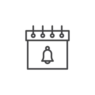 Takvim bell çizgi simgesiyle, vektör işareti, anahat üzerinde beyaz izole doğrusal stil piktogram. Gündem hatırlatma sembolü, logo illüstrasyon. Düzenlenebilir kontur