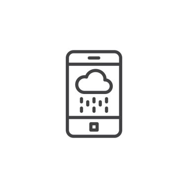 Smartphone ile yağmurlu bulut anahat simgesi. Mobil kavramı ve web tasarım için doğrusal stili işaret. Mobil hava app basit bir çizgi vektör simgesi. Sembol, logo illüstrasyon. Piksel mükemmel vektör grafikleri