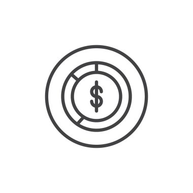 Doları pasta grafiği satırı simgesi, Anahat vektör işareti üzerinde beyaz izole doğrusal stil piktogram. Para diyagram simgesi, logo illüstrasyon. Düzenlenebilir kontur