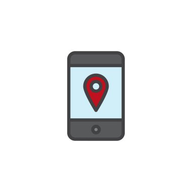 Smartphone konum iğne ile dolu anahat simgesini, çizgi vektör işareti, üzerinde beyaz izole doğrusal renkli sembol. GPS cep telefonu ekran sembolü, logo illüstrasyon pin. Piksel mükemmel vektör grafikleri