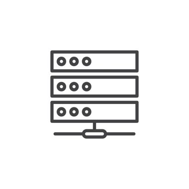 Bilgisayar sunucu satırı simgesi, Anahat vektör işareti üzerinde beyaz izole doğrusal stil piktogram. Veritabanı sembolü, logo illüstrasyon. Düzenlenebilir kontur