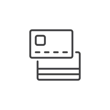 Kredi kartları satır simgesi, Anahat vektör işareti, üzerinde beyaz izole doğrusal stil piktogram. Ödeme yöntemi sembolü, logo illüstrasyon. Düzenlenebilir kontur