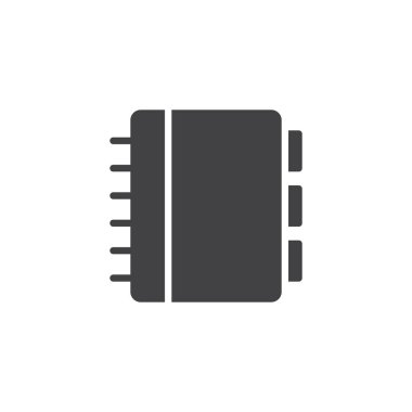 Defter simge vektör, düz işareti, üzerinde beyaz izole katı piktogram dolu. Not etmek kitap simgesi, logo illüstrasyon.