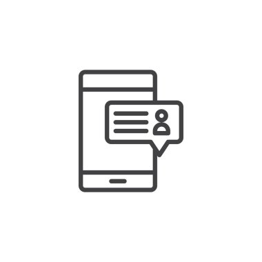 Cep telefonu ile mesaj satırı simgesi, Anahat vektör işareti, üzerinde beyaz izole doğrusal stil piktogram. Online Kullanıcı diyalog sembolü, logo illüstrasyon. Düzenlenebilir kontur